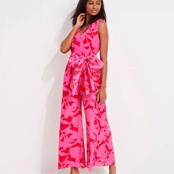 Vineyard Vines Wide-leg Sleeveless Jumpsuit Pink Tropical Floral Size 6